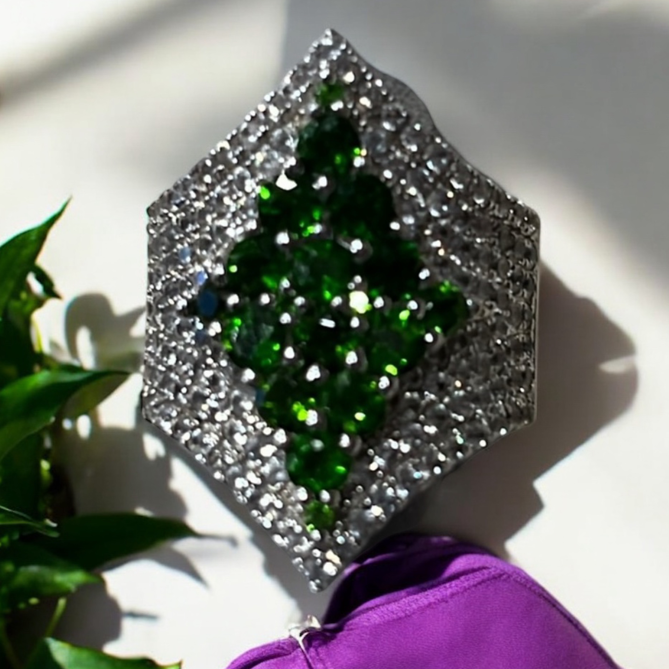 Silver 925 And Chrome Diopside Ring Rhodium Plated Size. 9.5